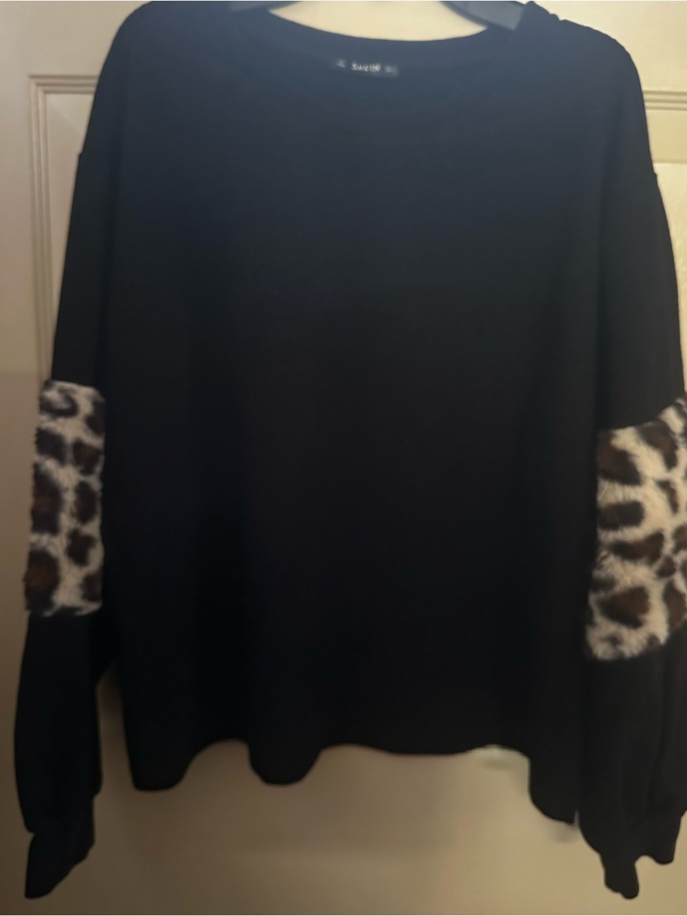 SHEIN Black Sweatshirt with Leopard Patch Elbow Accents